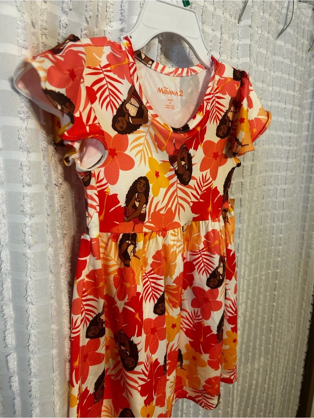 Disney Moana 2 Yummy Dress Girls 2T Red Orange Floral Tropical Flutter Sleeve